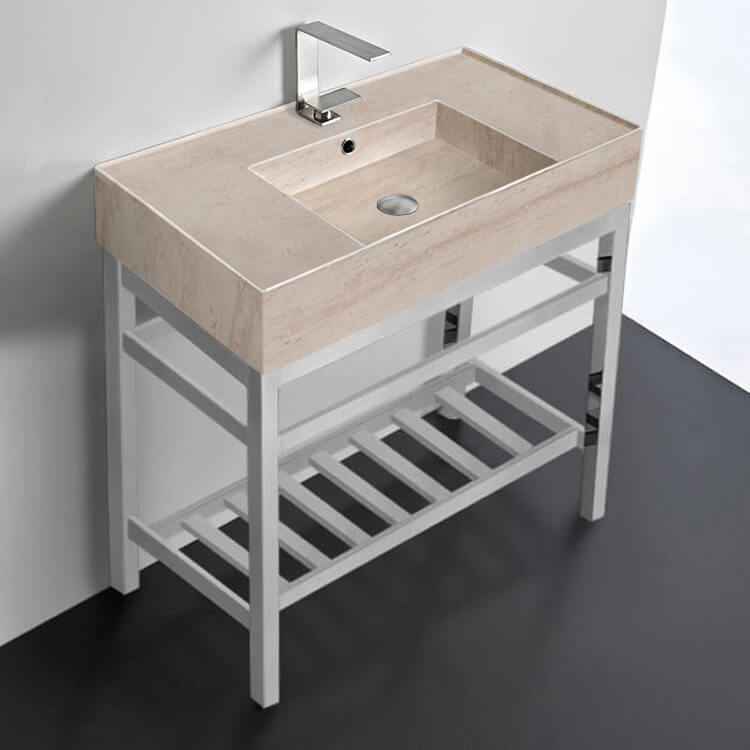 Scarabeo 5123-E-CON2-One Hole Modern Beige Travertine Design Ceramic Console Sink and Polished Chrome Base